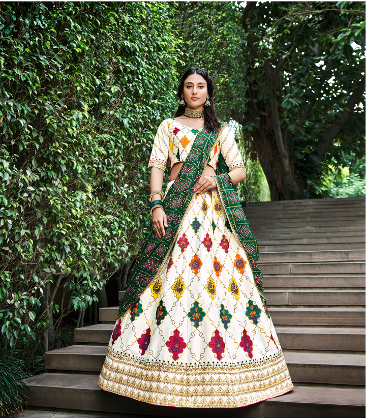 Beautiful White Silk Lehenga with Green Dupatta | Perfect for Weddings and Celebrations