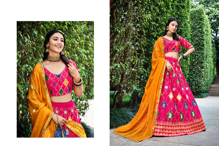 Sophisticated Pink Silk Lehenga with Yellow Dupatta | Crafted for Timeless Elegance