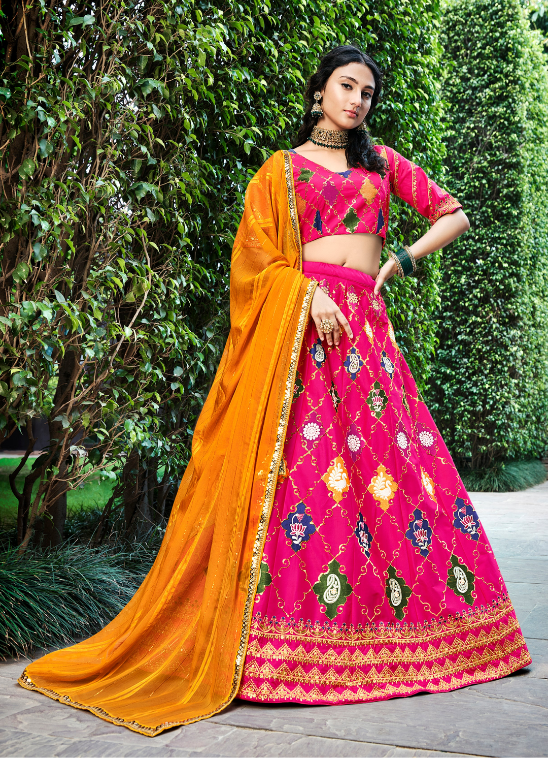 Sophisticated Pink Silk Lehenga with Yellow Dupatta | Crafted for Timeless Elegance