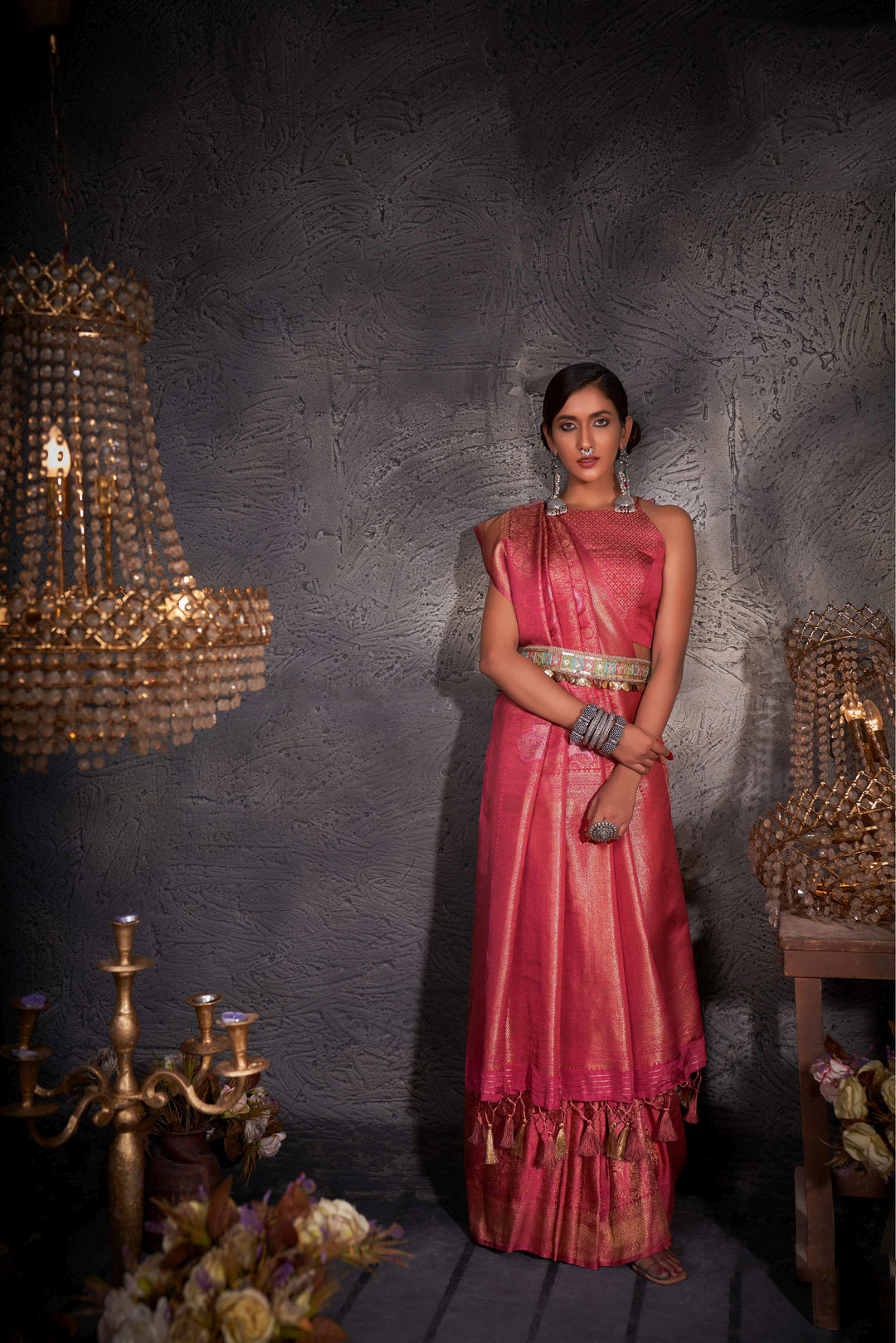 Breathtaking Pink Kanjivaram Silk Saree with Pink Blouse | Perfect for Special Celebrations