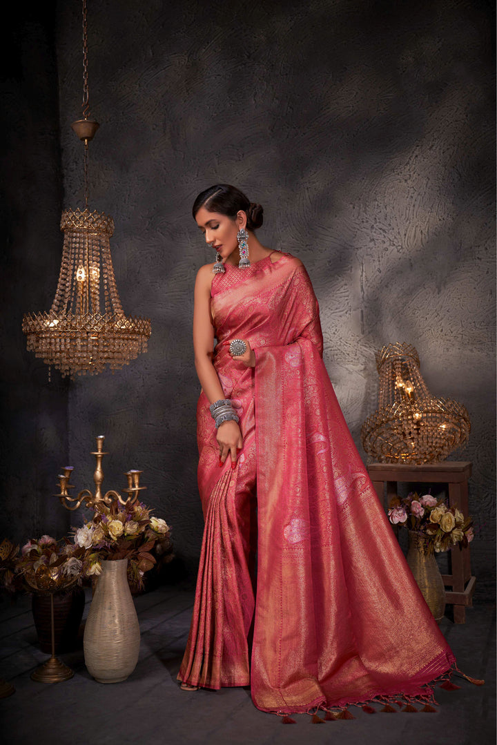 Breathtaking Pink Kanjivaram Silk Saree with Pink Blouse | Perfect for Special Celebrations