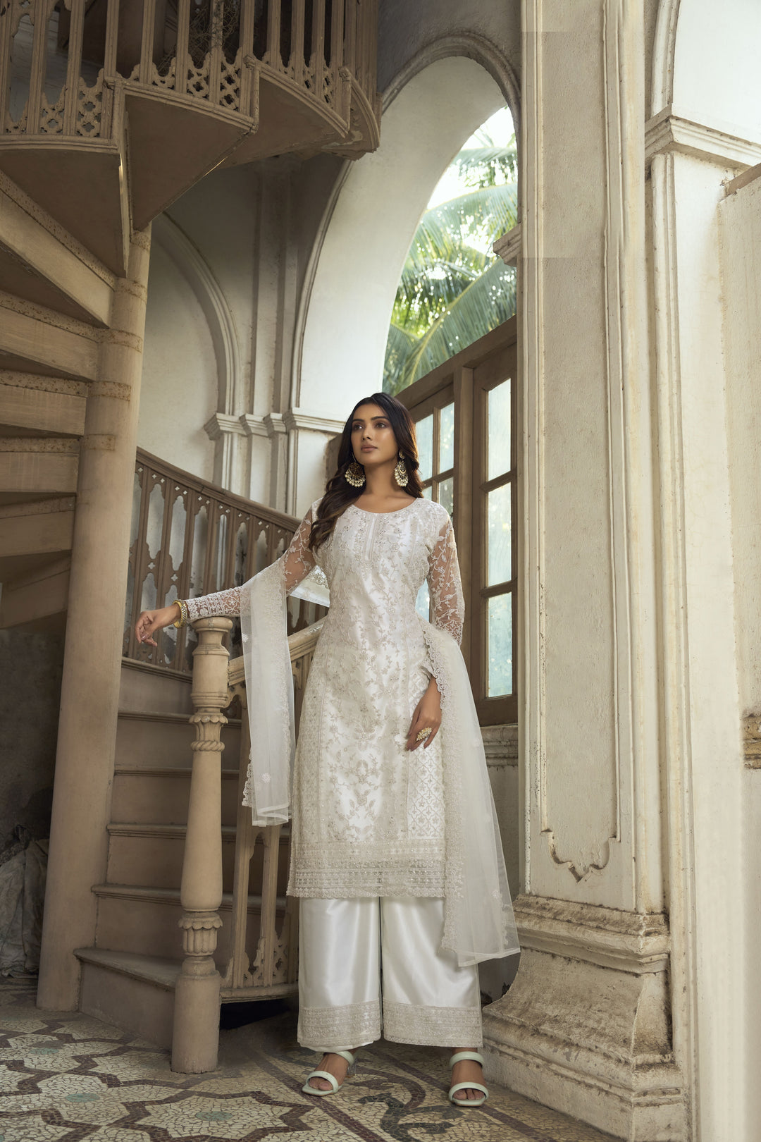 Designer White Butterfly Net Salwar Suit | Embellished with Fine Embroidery Work