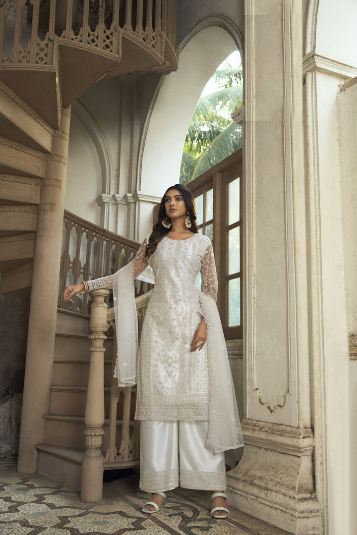 Designer White Butterfly Net Salwar Suit | Embellished with Fine Embroidery Work