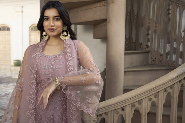 Dusty Pink Embroidered salwar Suit | Butterfly Net with Dupatta for Festive Look