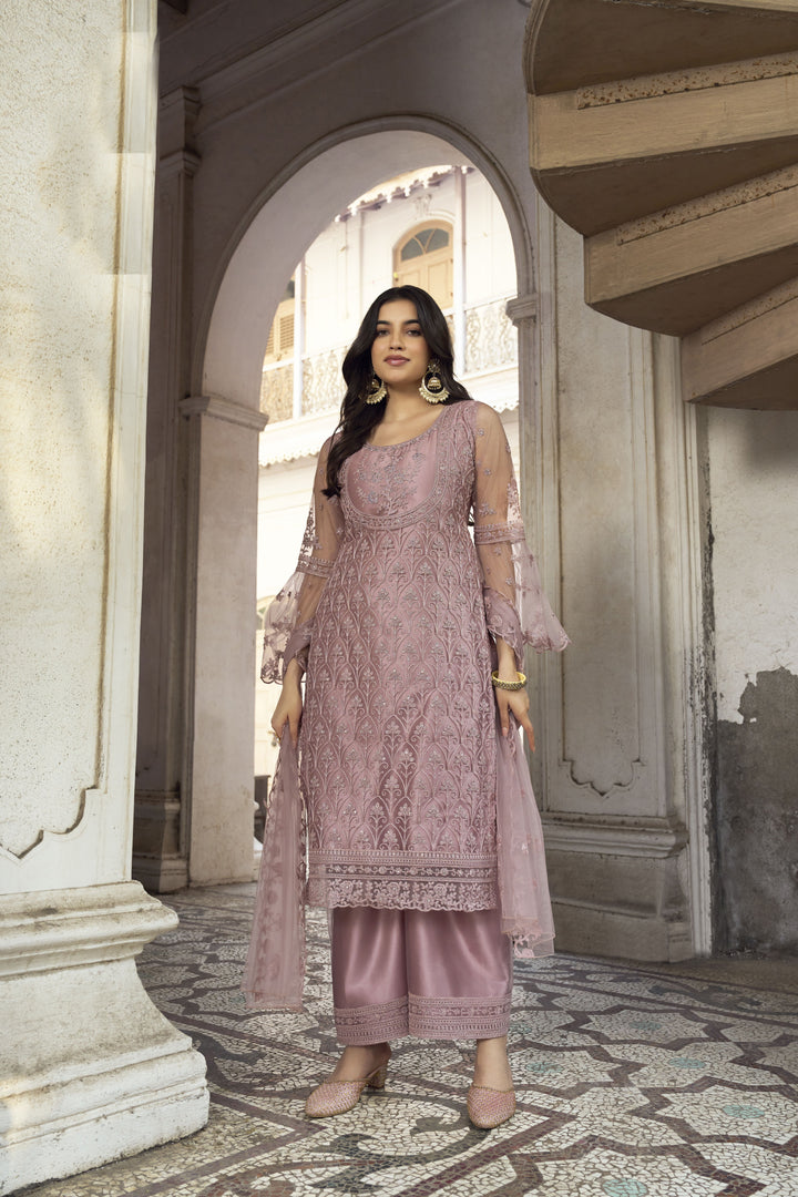 Dusty Pink Embroidered salwar Suit | Butterfly Net with Dupatta for Festive Look