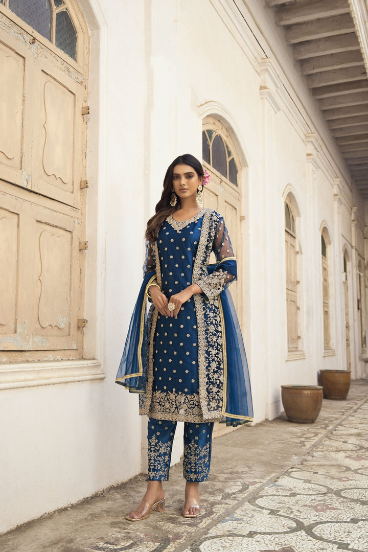 Royal Blue Butterfly Net salwar Suit | Designer Embroidery with Japan Satin Inner