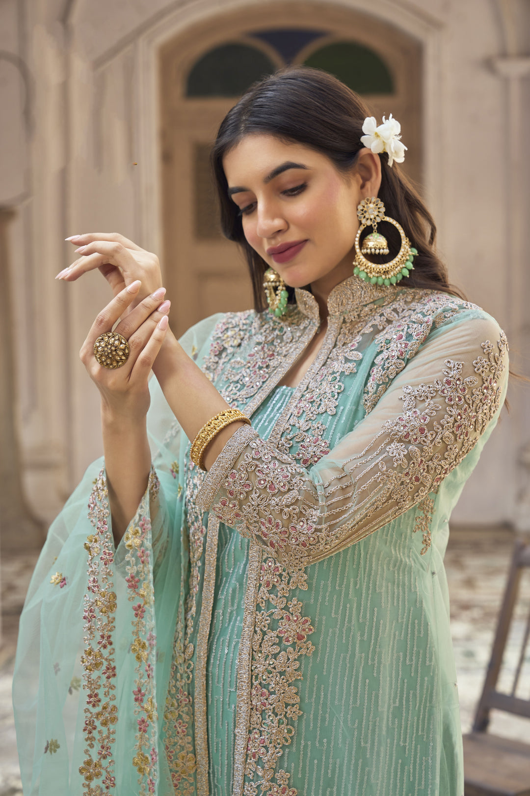 Sky Blue Butterfly Net Designer Suit | Heavy Embroidery Paired  For party wear