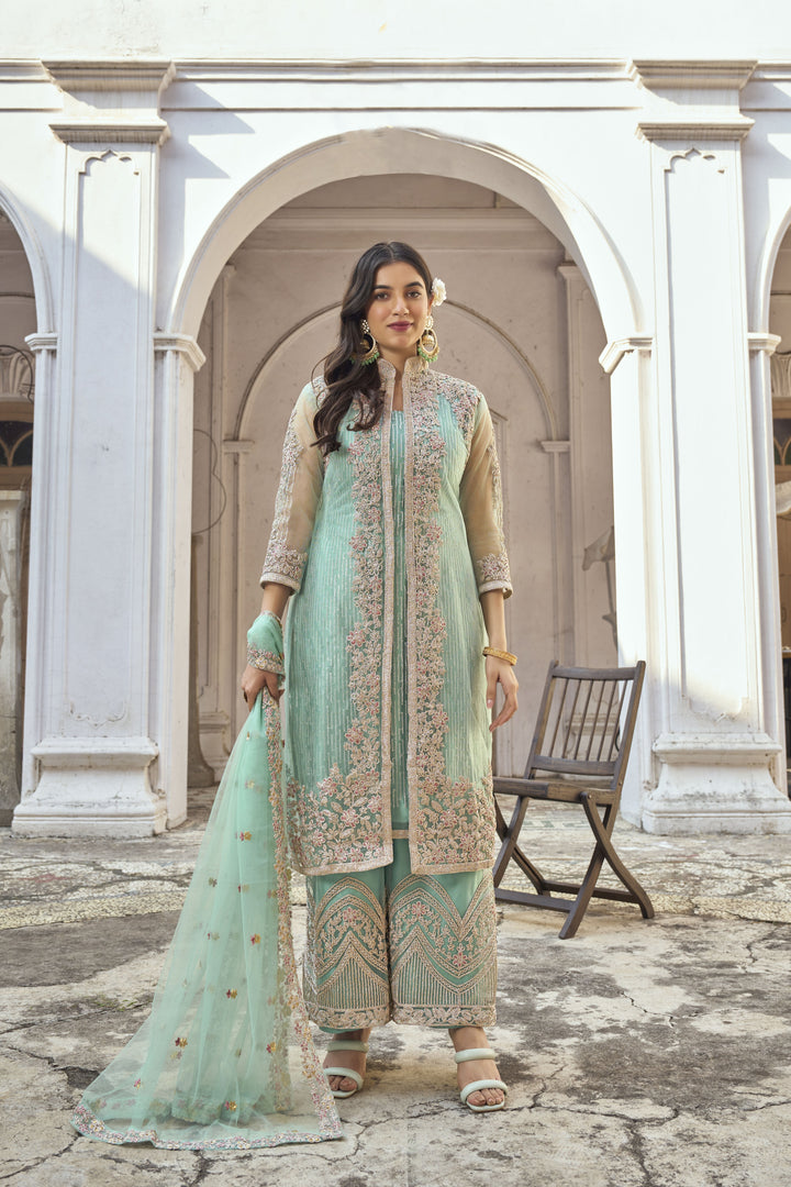 Sky Blue Butterfly Net Designer Suit | Heavy Embroidery Paired  For party wear