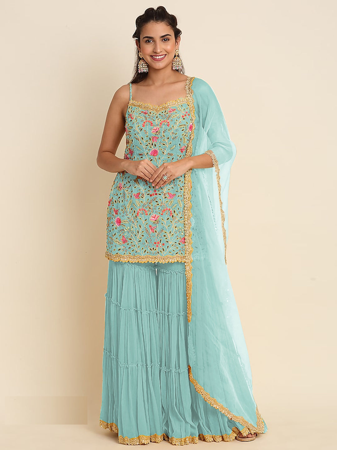 Georgette Sharara Suit | Multy-Thread Embroidery | Sleeveless Sweetheart Neck