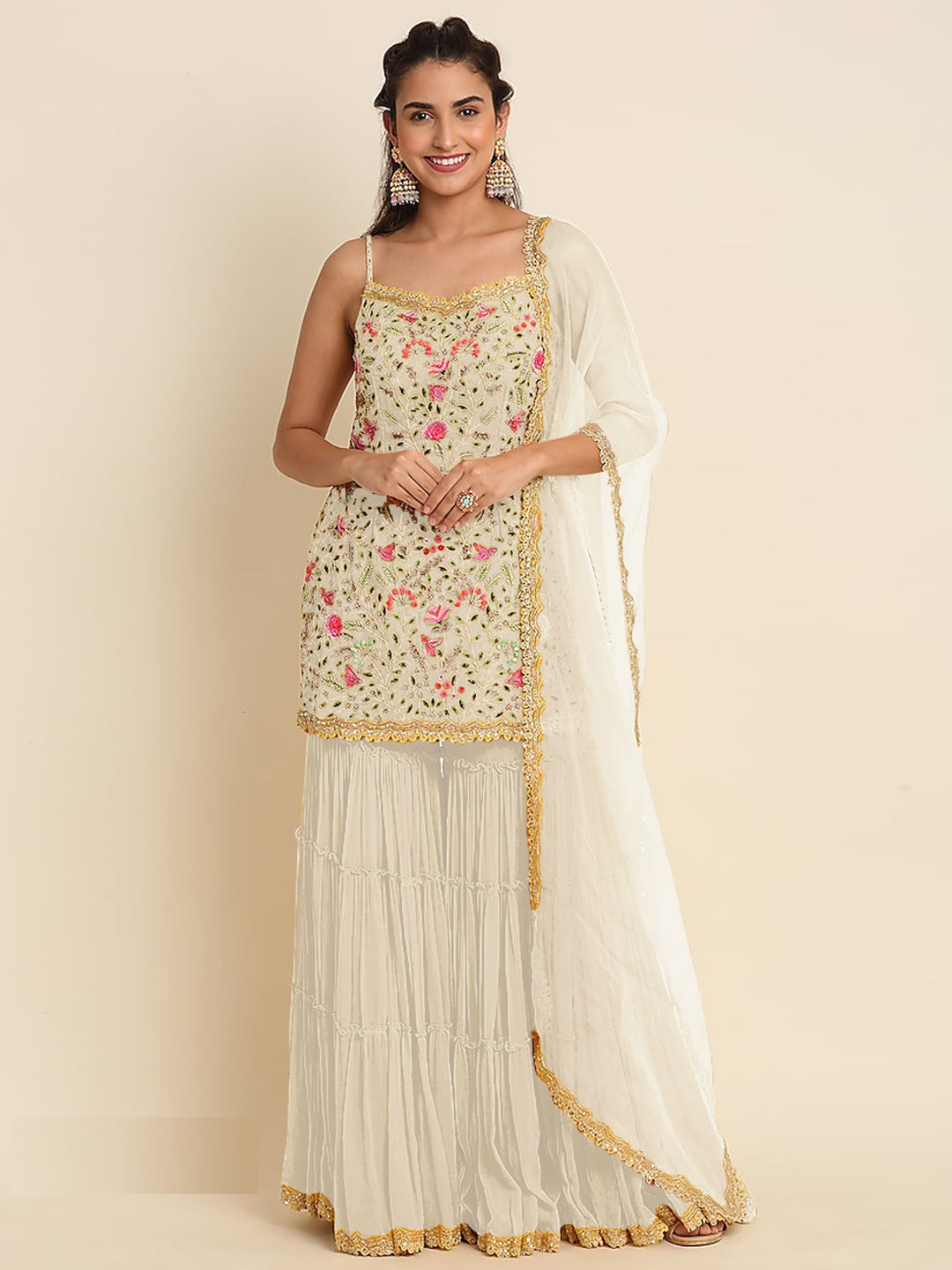 Georgette Sharara Suit | Multy-Thread Embroidery | Sleeveless Sweetheart Neck