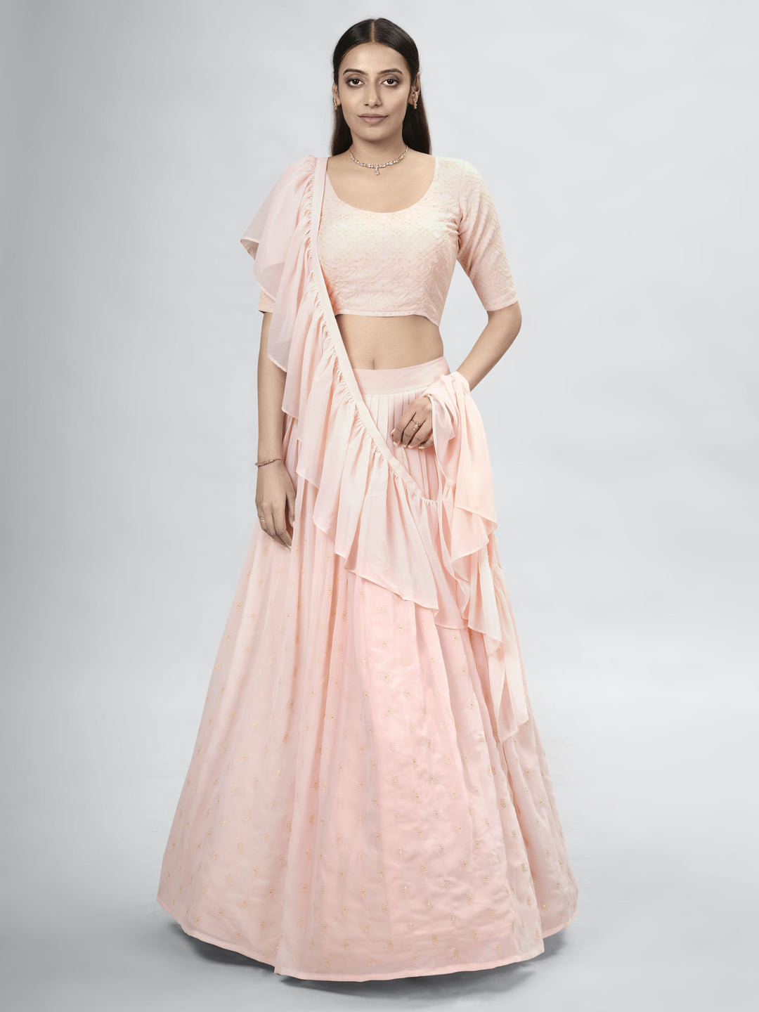 Elegant Peach Georgette Lehenga with Peach Dupatta | Perfect for Weddings and Celebrations