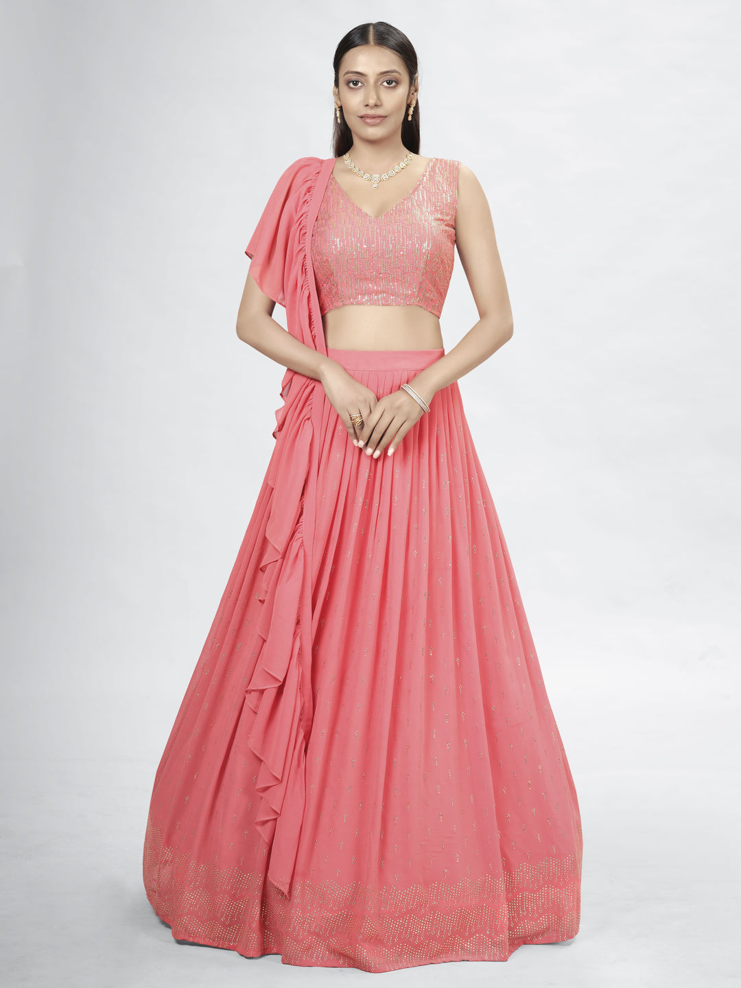 Coral Pink Lehenga Choli | Designer Thread, Sequins & Embroidery Work