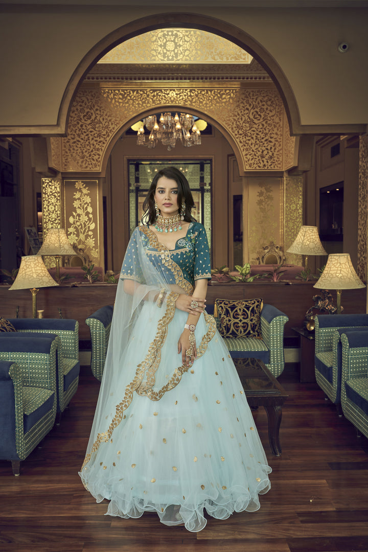 Designer Blue Lehenga Choli | Heavy Thread & Sequins Embroidery on Net Fabric