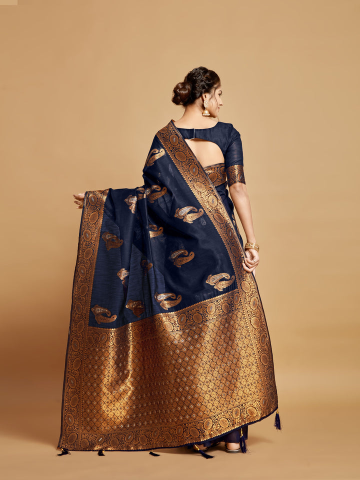 Stylish Blue Linen Saree | Wevon-Copper Designer Work for Wedding & Festive Events