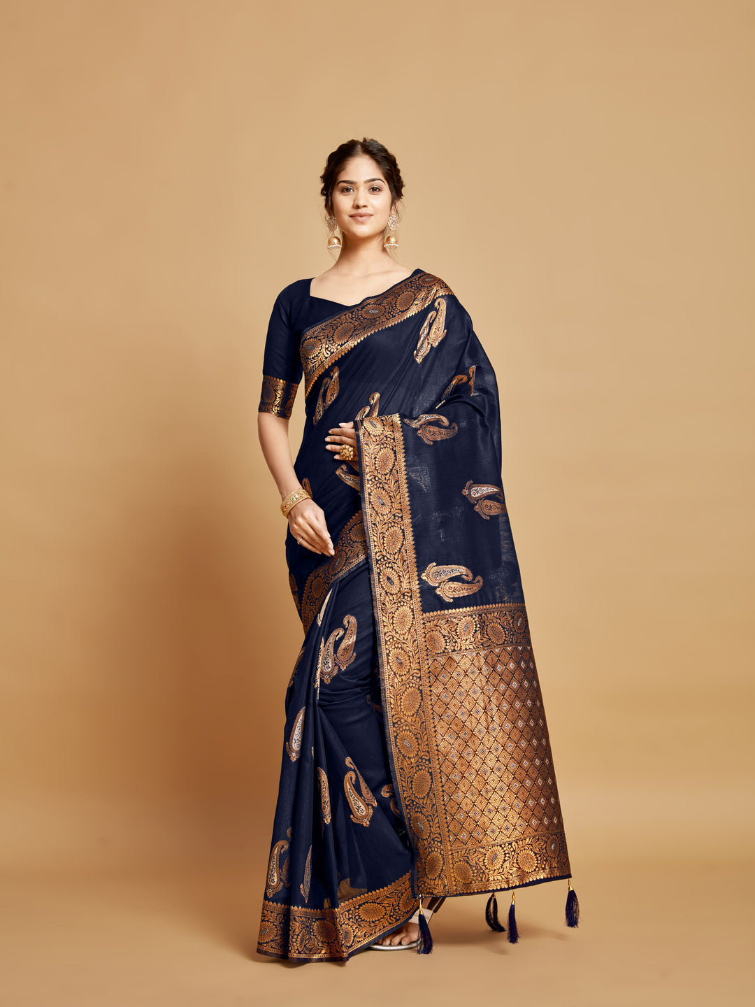 Stylish Blue Linen Saree | Wevon-Copper Designer Work for Wedding & Festive Events