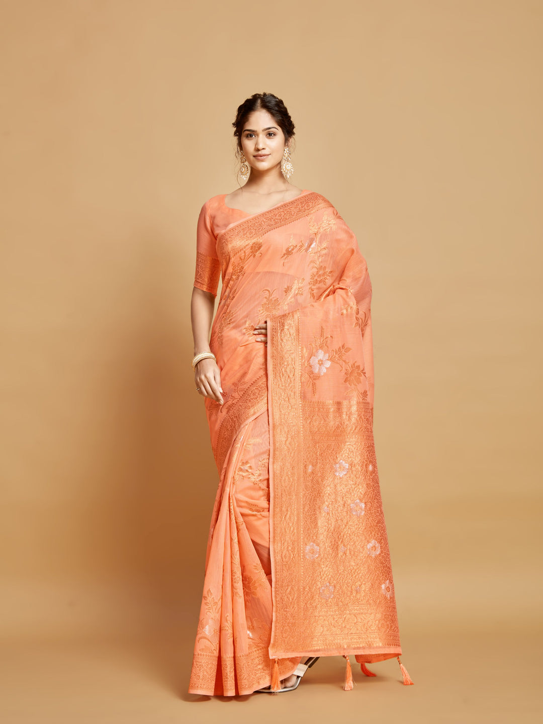 Linen Saree with Wevon-Copper Designer Work | Perfect for Weddings & Festivals