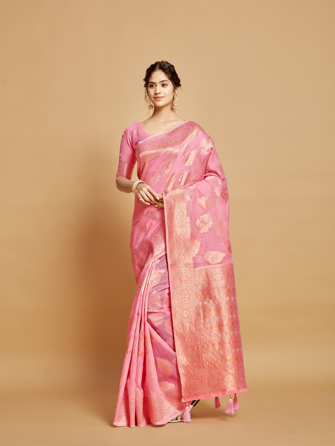 Designer Linen Saree with Wevon-Copper Work | Perfect for Weddings & Events