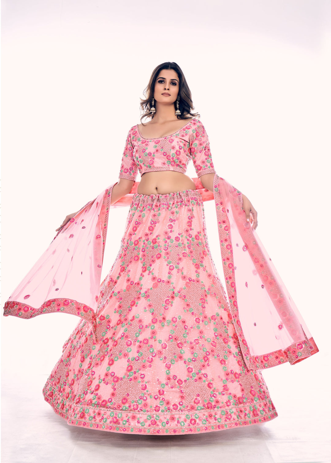 Elegant Peach Lehenga Choli | Soft Net Fabric with Sequence & Zarkan Work