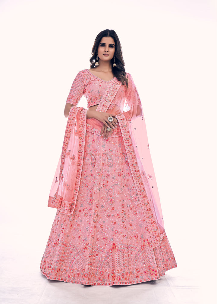 Elegant Pink Lehenga | Dori & Thread Embroidered Soft Net with Zarkan Dupatta