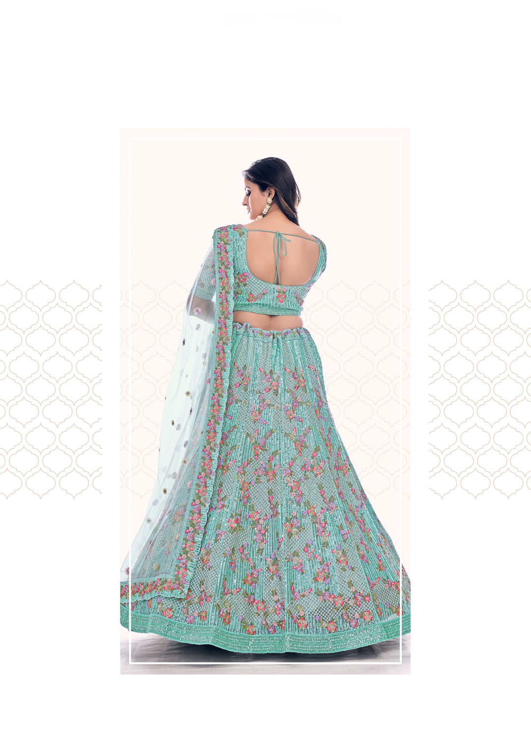 Elegant Sea Green Lehenga Choli | Soft Net Fabric with Sequins & Thread Embroidery