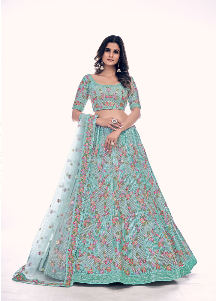 Elegant Sea Green Lehenga Choli | Soft Net Fabric with Sequins & Thread Embroidery