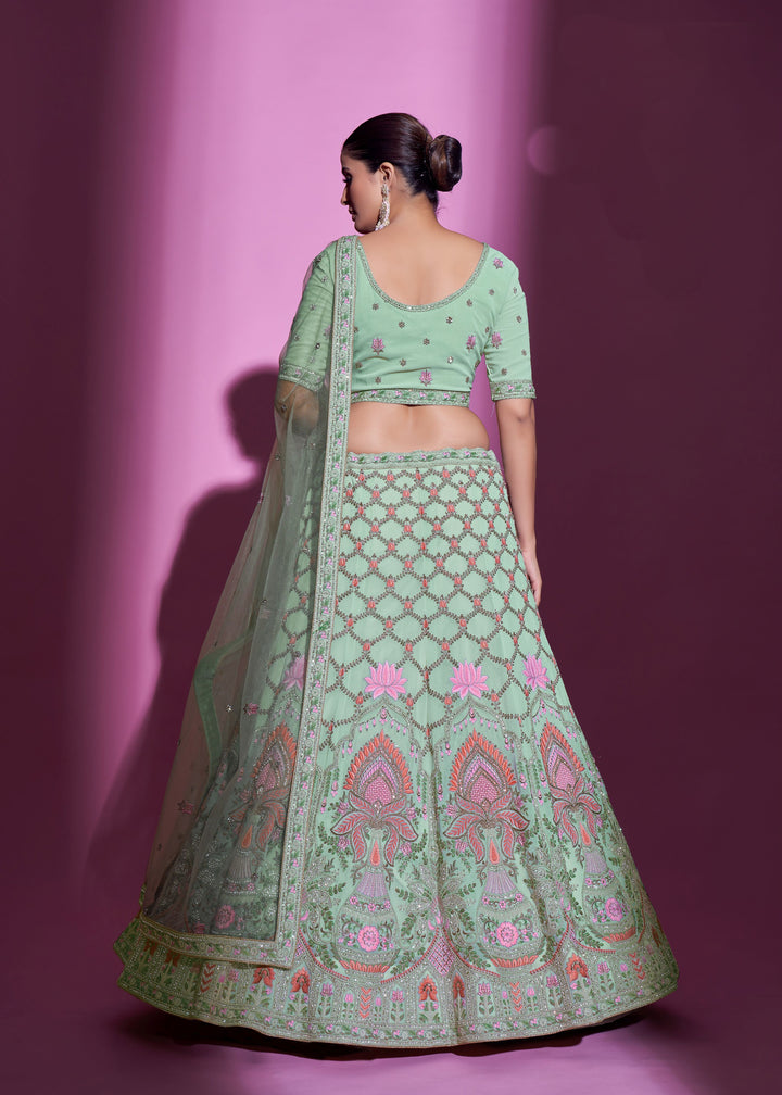 Pista Green Georgette Lehenga Choli | Soft Net Dupatta with Stone Embroidery