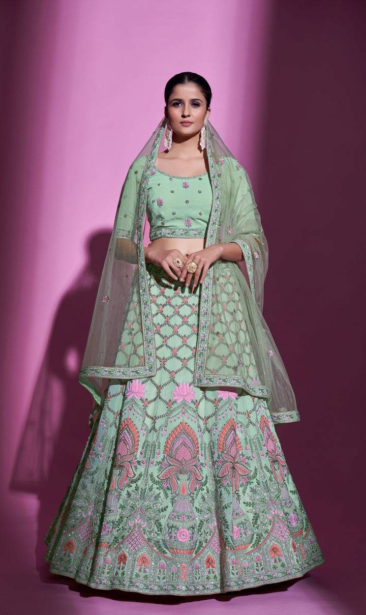 Pista Green Georgette Lehenga Choli | Soft Net Dupatta with Stone Embroidery