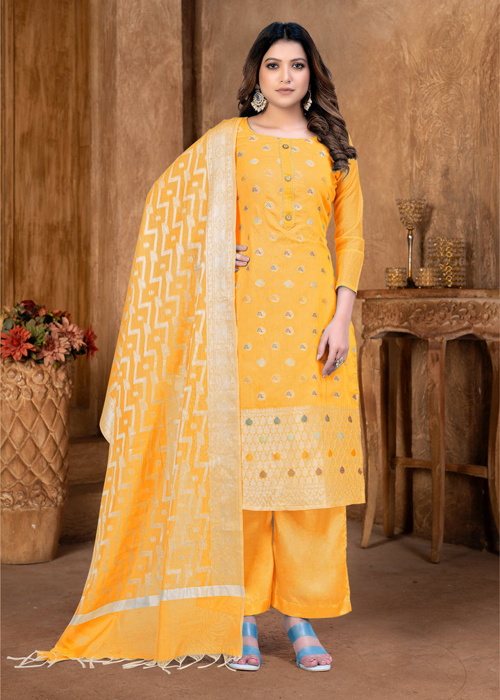 Banarasi Silk Salwar Kameez | Woven Designer | Three-Quarter Sleeve | U-Neck