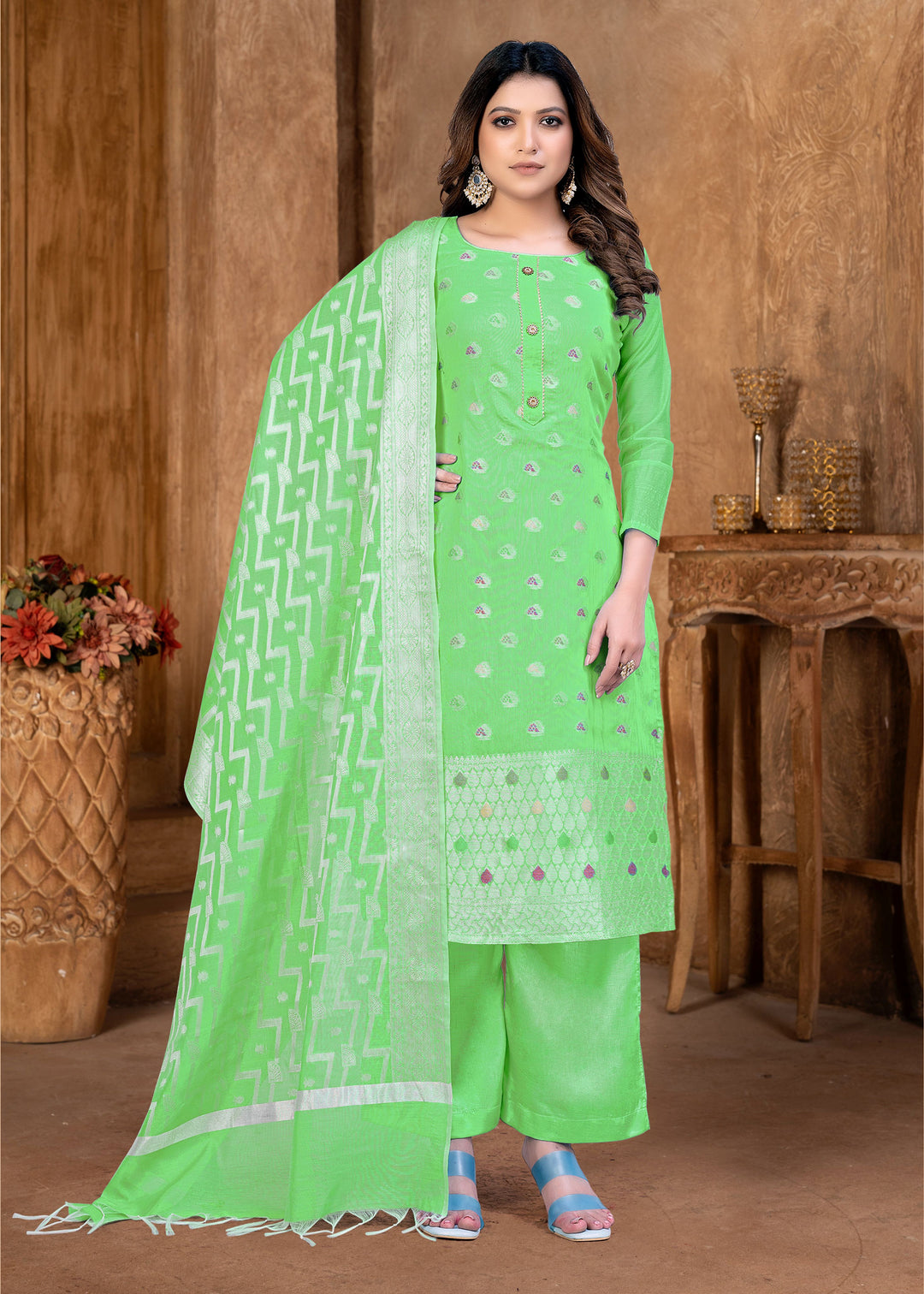 Banarasi Silk Salwar Kameez | Woven Designer | Three-Quarter Sleeve | U-Neck