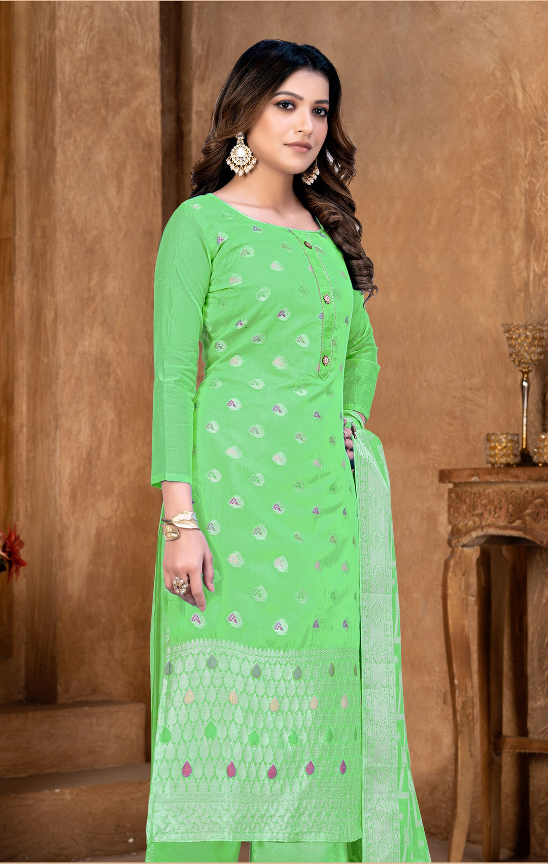 Banarasi Silk Salwar Kameez | Woven Designer | Three-Quarter Sleeve | U-Neck