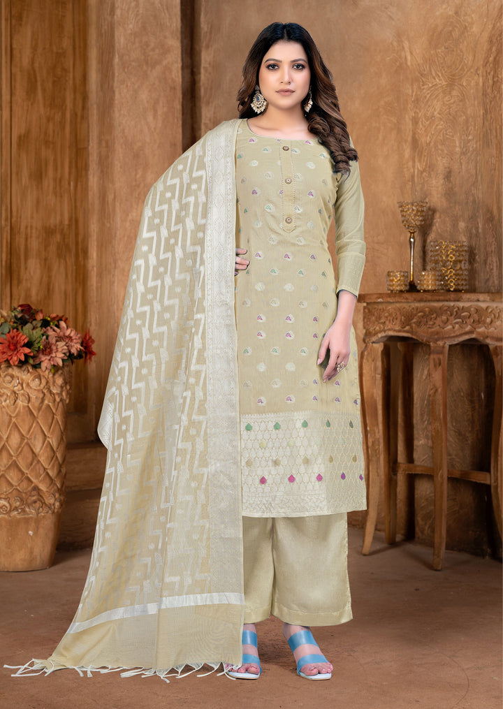 Banarasi Silk Salwar Kameez | Woven Designer | Three-Quarter Sleeve | U-Neck