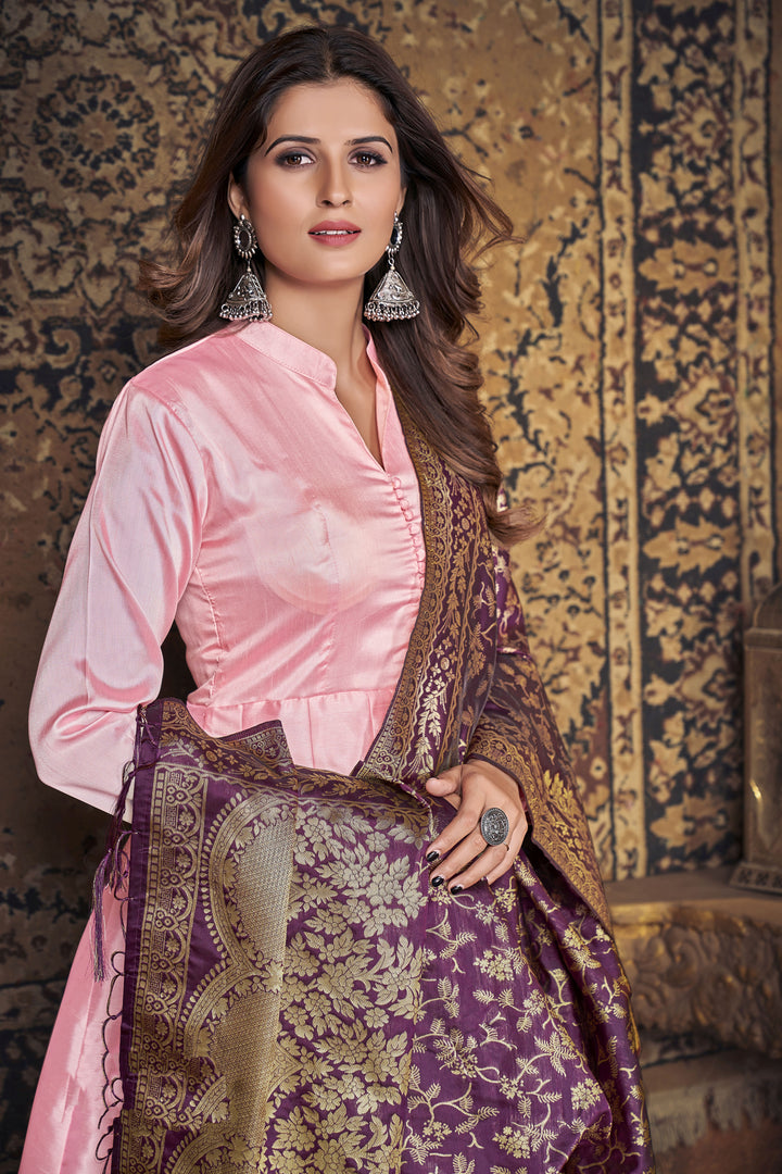 Art-Silk Anarkali Dress | Solid Wevon Jacquard | Three-Quarter Sleeve | Wedding