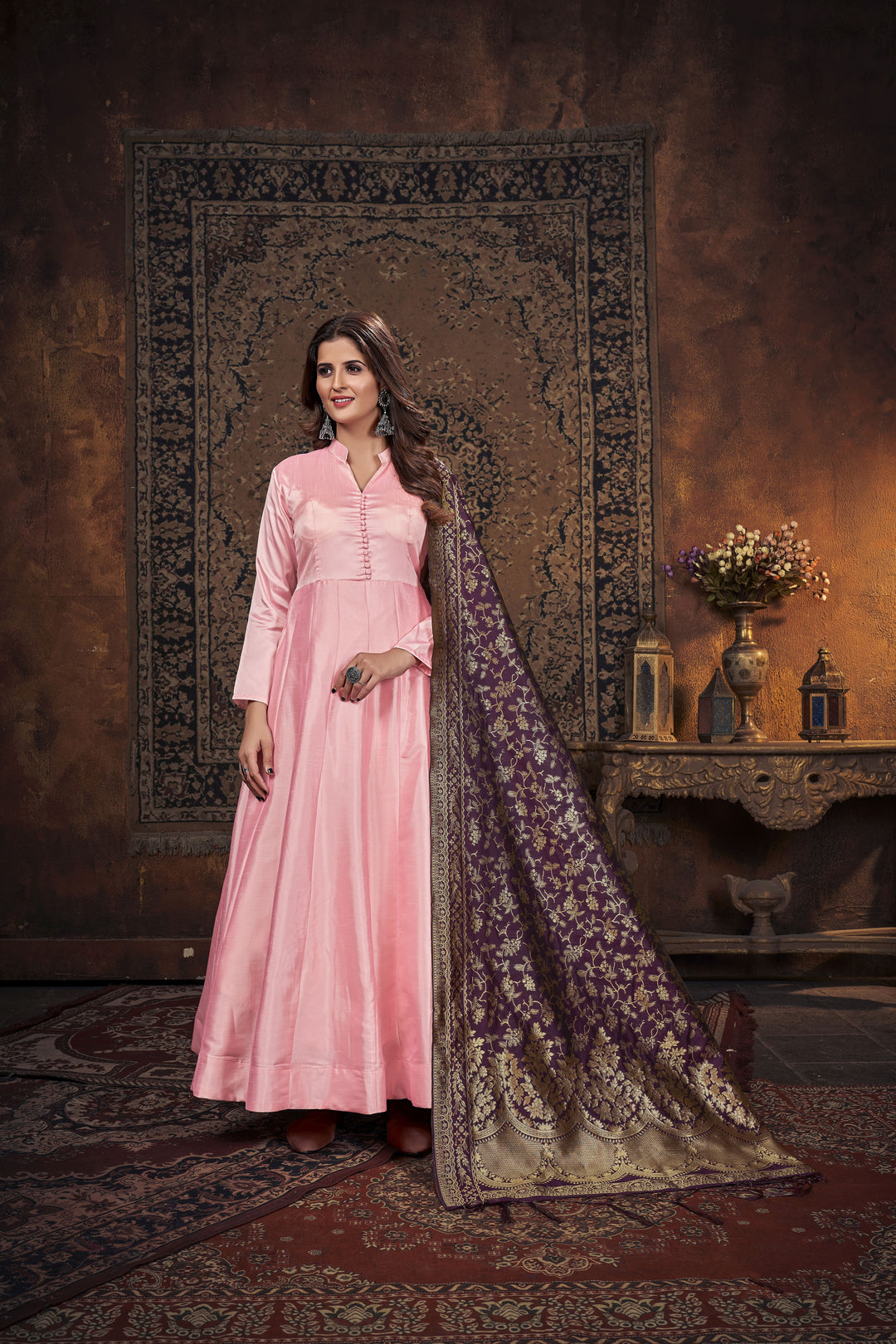 Art-Silk Anarkali Dress | Solid Wevon Jacquard | Three-Quarter Sleeve | Wedding