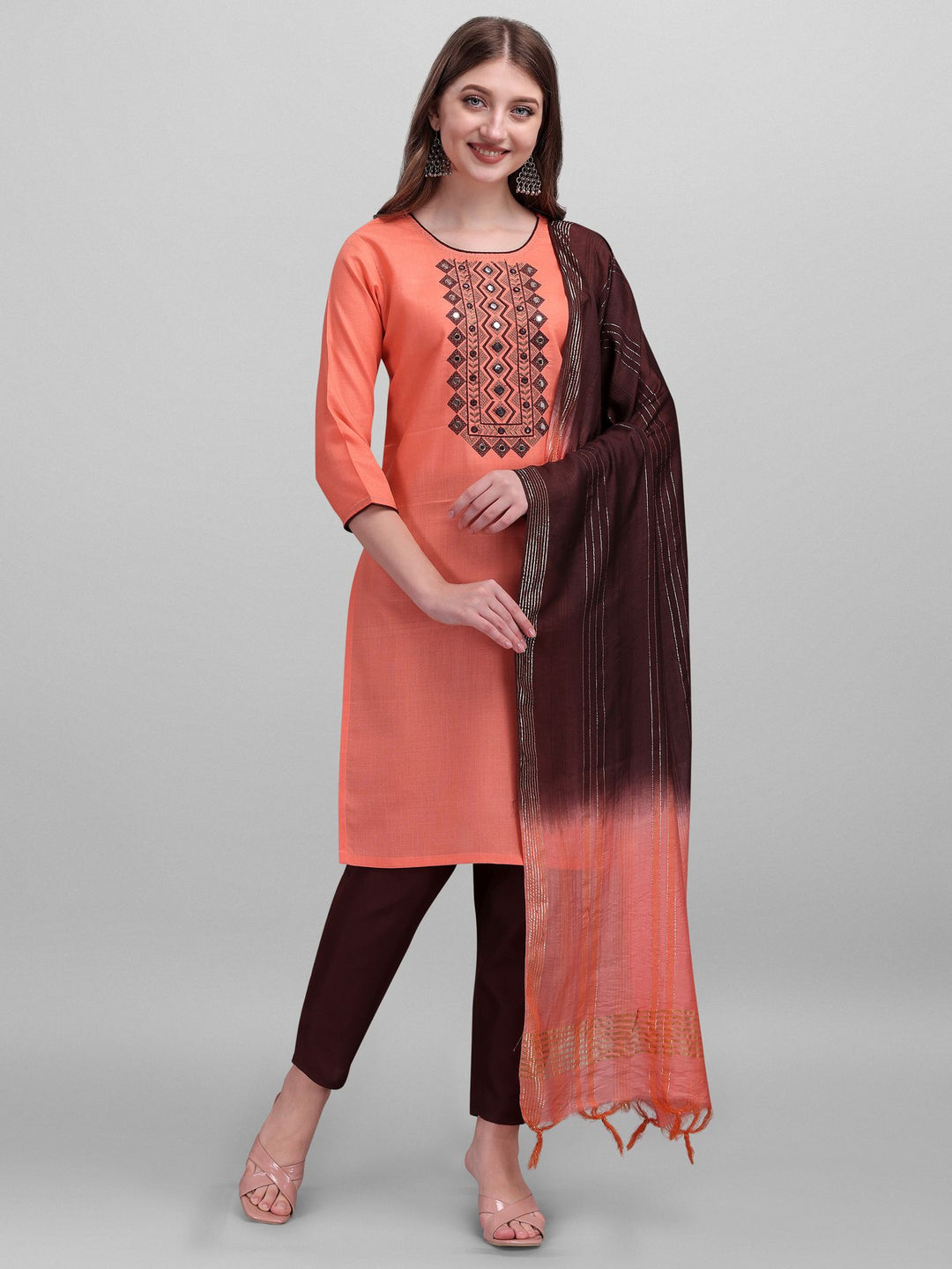 Designer Embroidered Kurtis Set | Slub-Cotton Top & Cotton Slub Bottom | Wedding & Festive Use