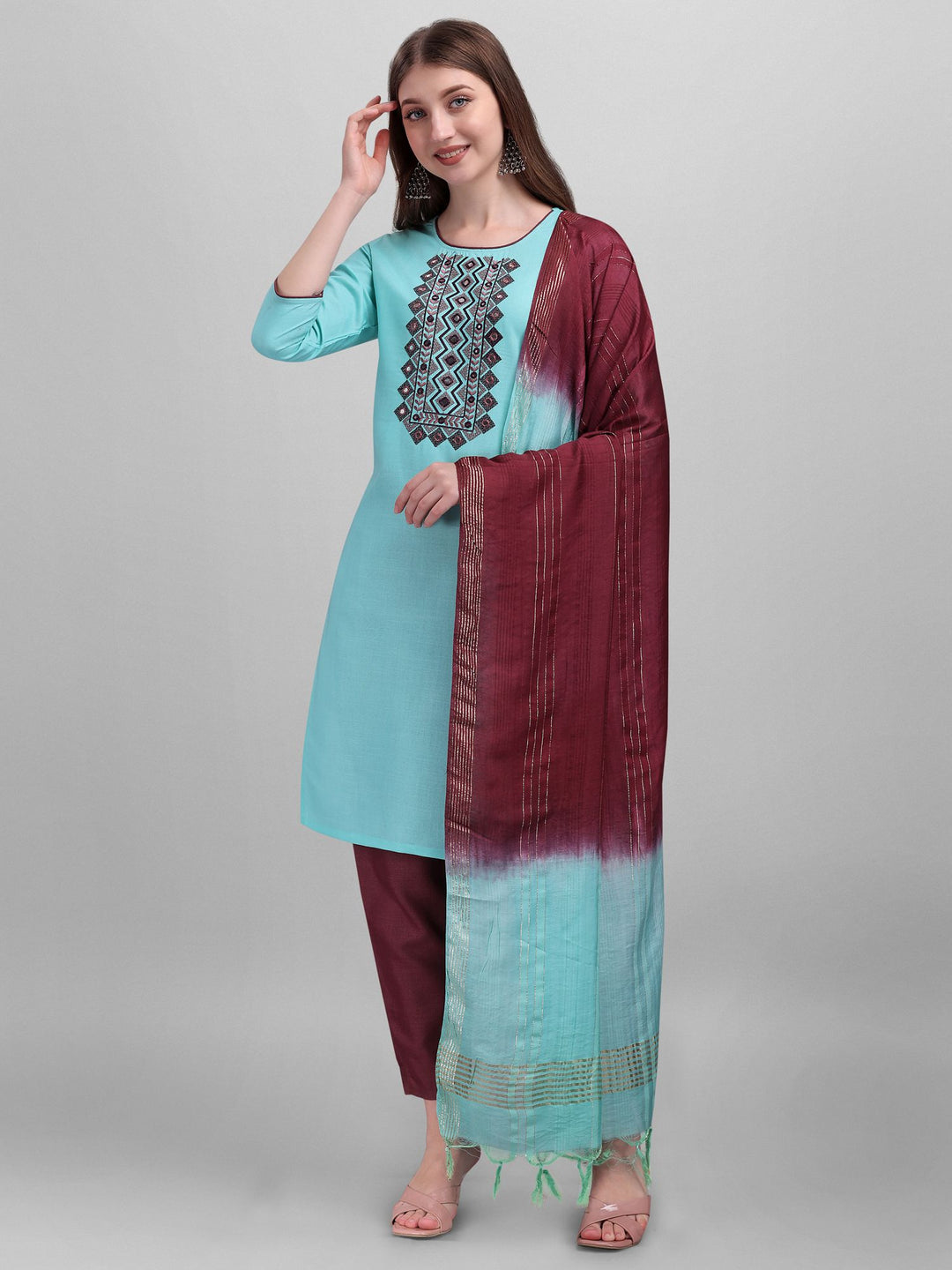 Designer Embroidered Kurtis Set | Slub-Cotton Top & Cotton Slub Bottom | Wedding & Festive Use