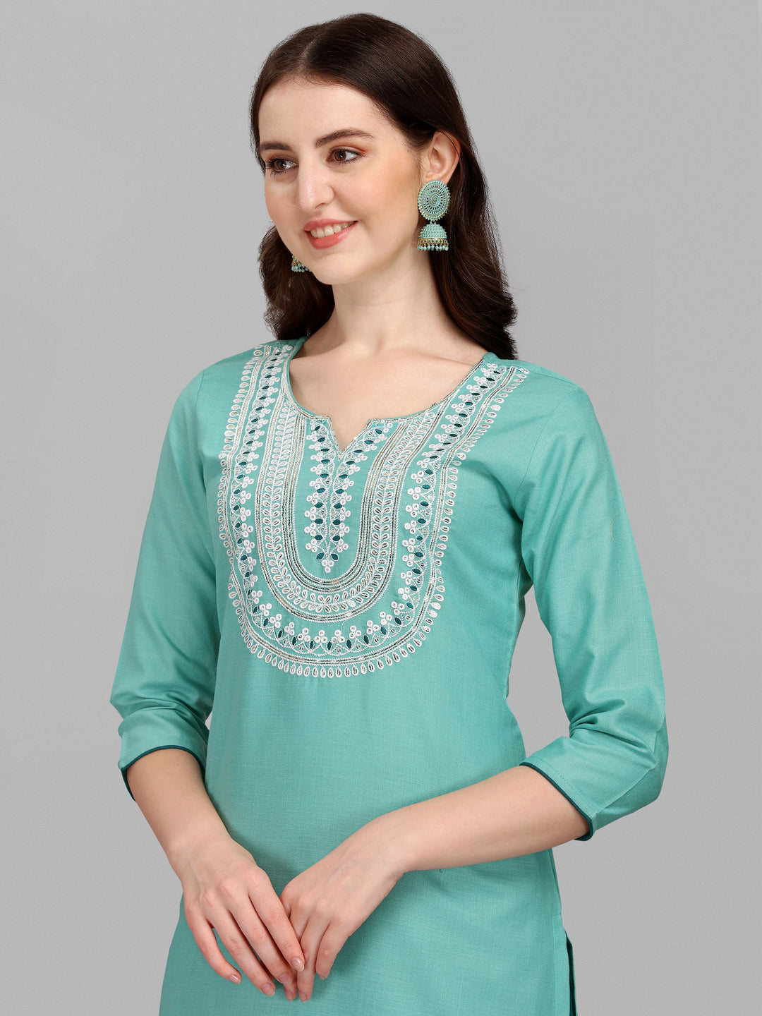 Designer Embroidered Kurtis Set | Slub-Cotton Top & Cotton Bottom for Festive Occasions