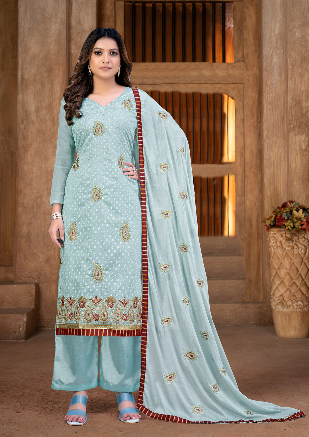 Art-Silk Salwar Kameez | Embroidered Three-Quarter Sleeve for Weddings