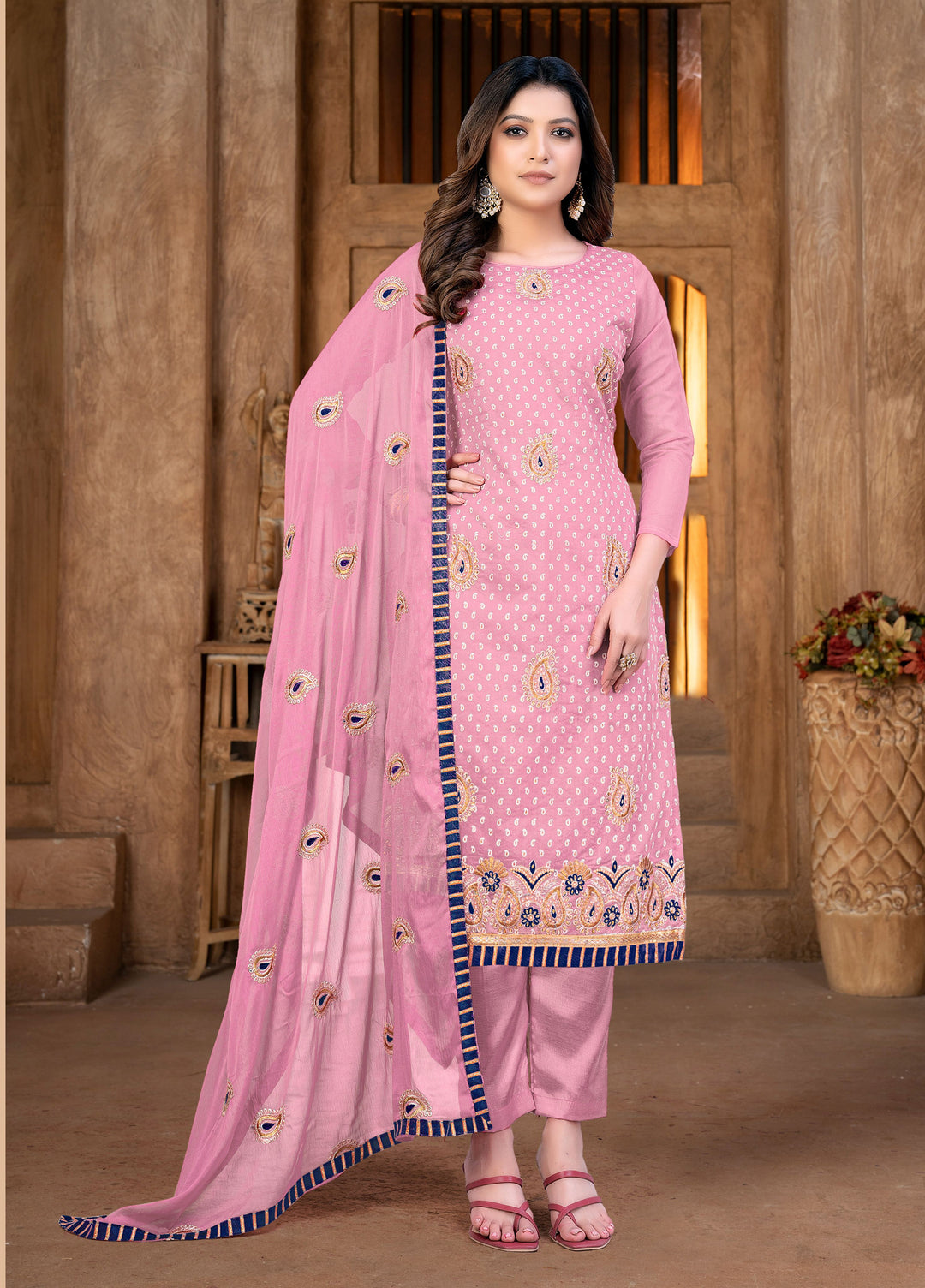 Art-Silk Salwar Kameez | Embroidered Three-Quarter Sleeve for Weddings