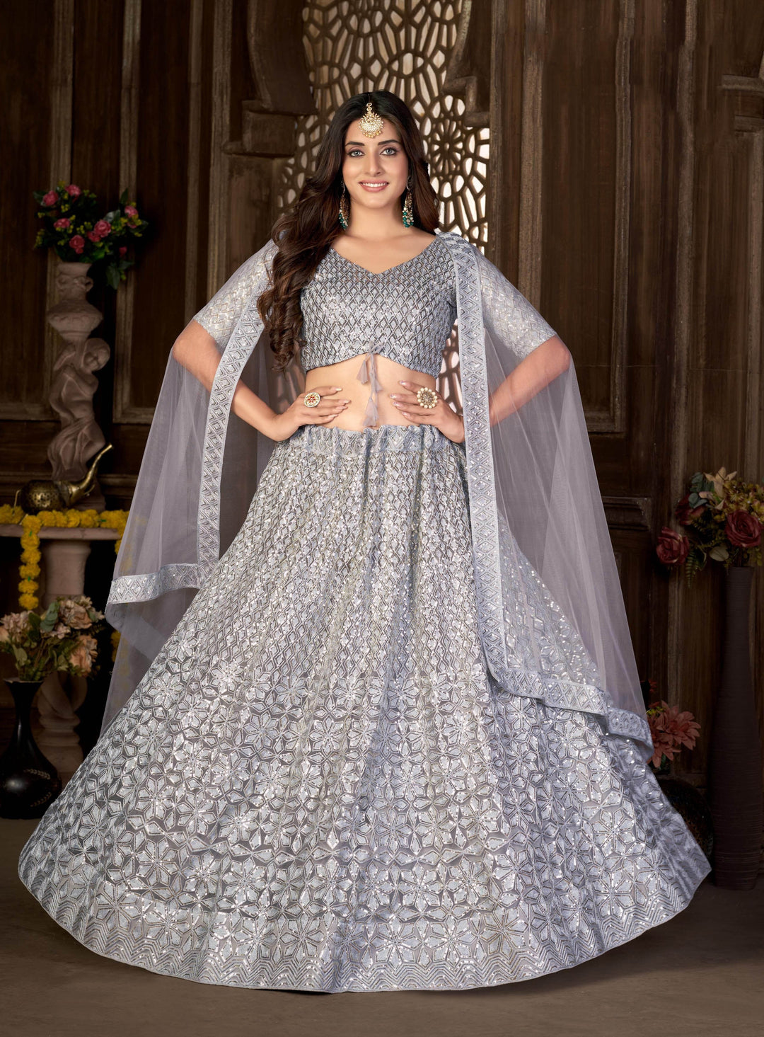 Elegant Net Lehenga with Thread and Sequin Embroidery for Weddings | Bridal Attire