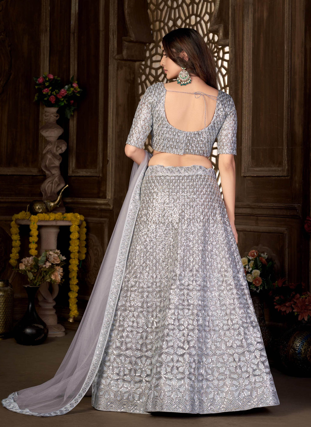 Elegant Net Lehenga with Thread and Sequin Embroidery for Weddings | Bridal Attire