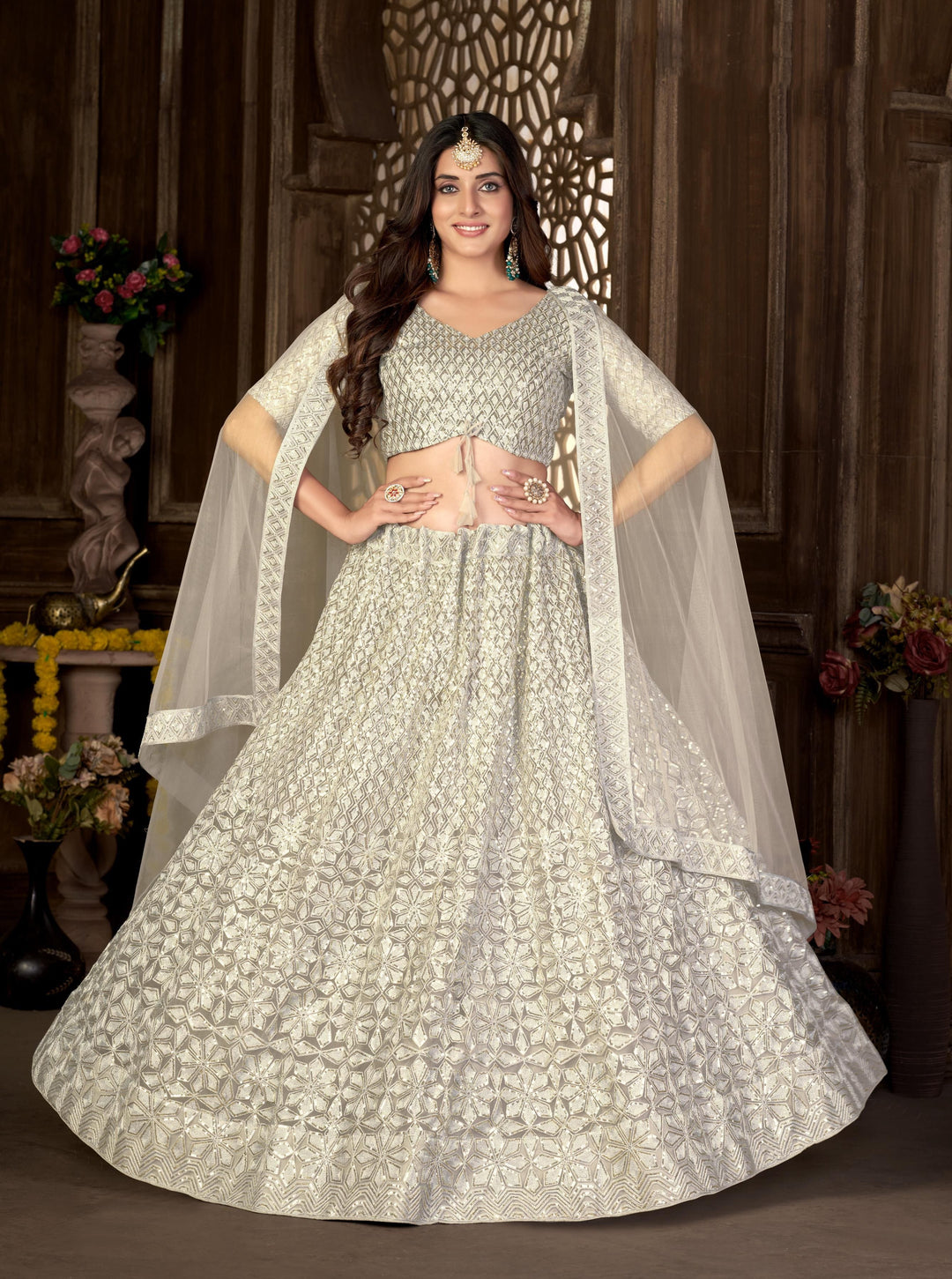 Elegant Net Lehenga with Thread and Sequin Embroidery for Weddings | Bridal Attire