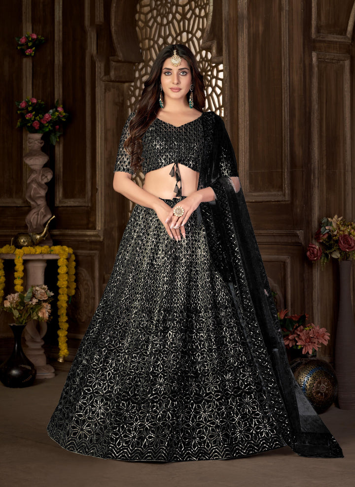 Elegant Net Lehenga with Thread and Sequin Embroidery for Weddings | Bridal Attire