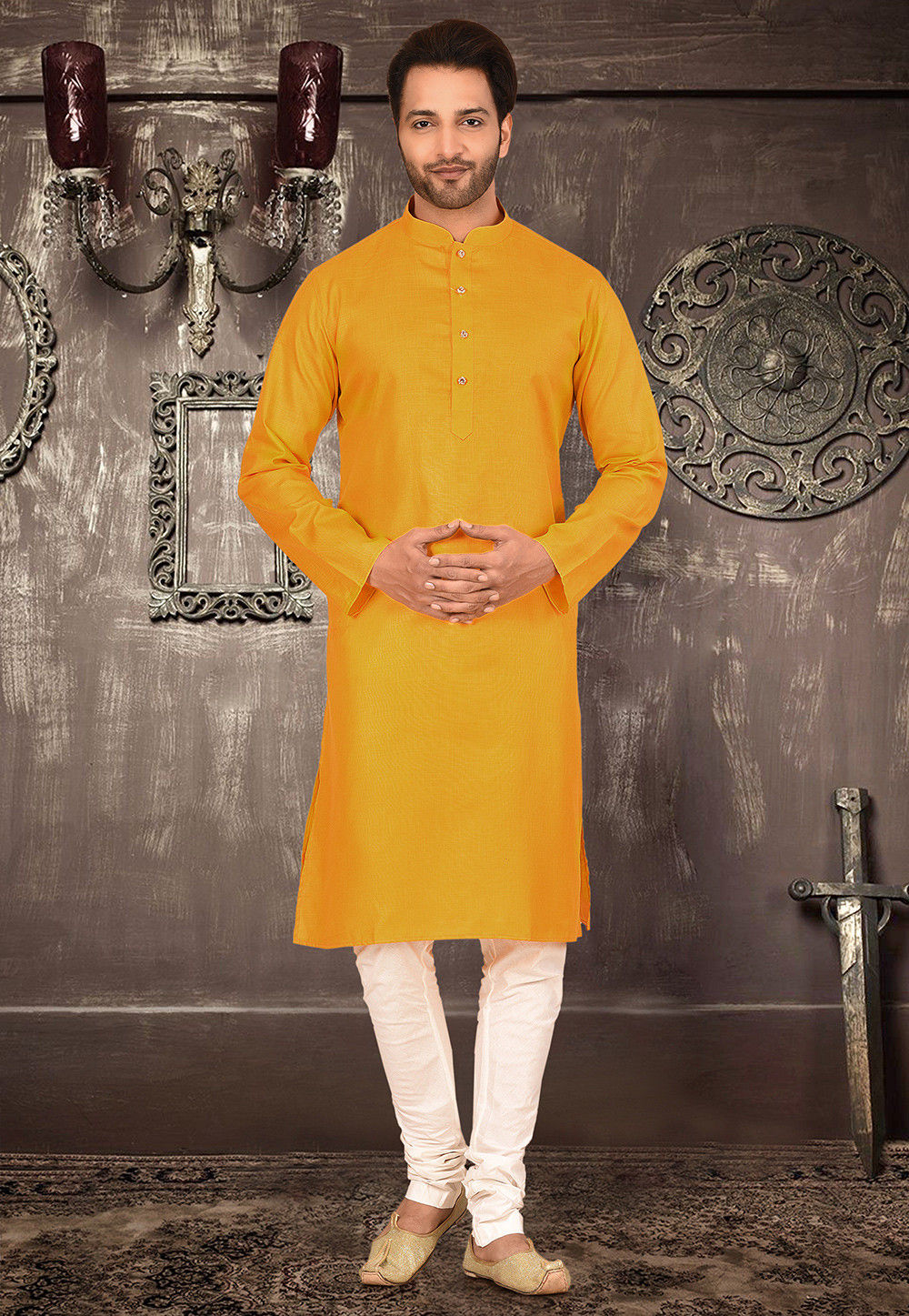 Cotton Kurta with Churidar Pajama | Solid Design Festive Wear for Men