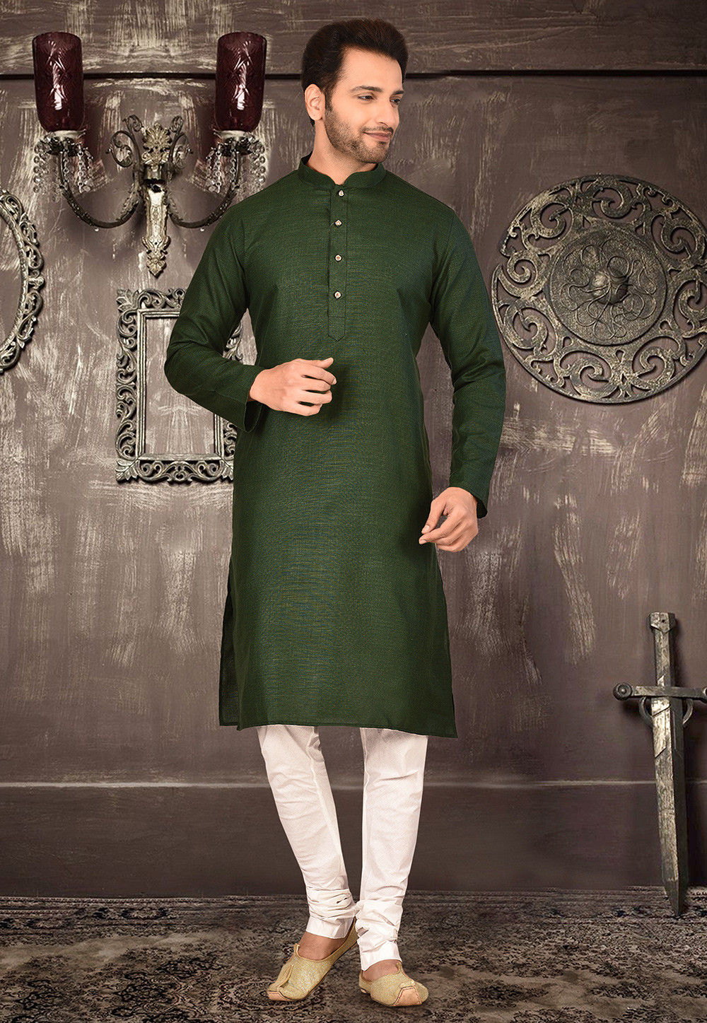 Cotton Kurta with Churidar Pajama | Solid Design Festive Wear for Men