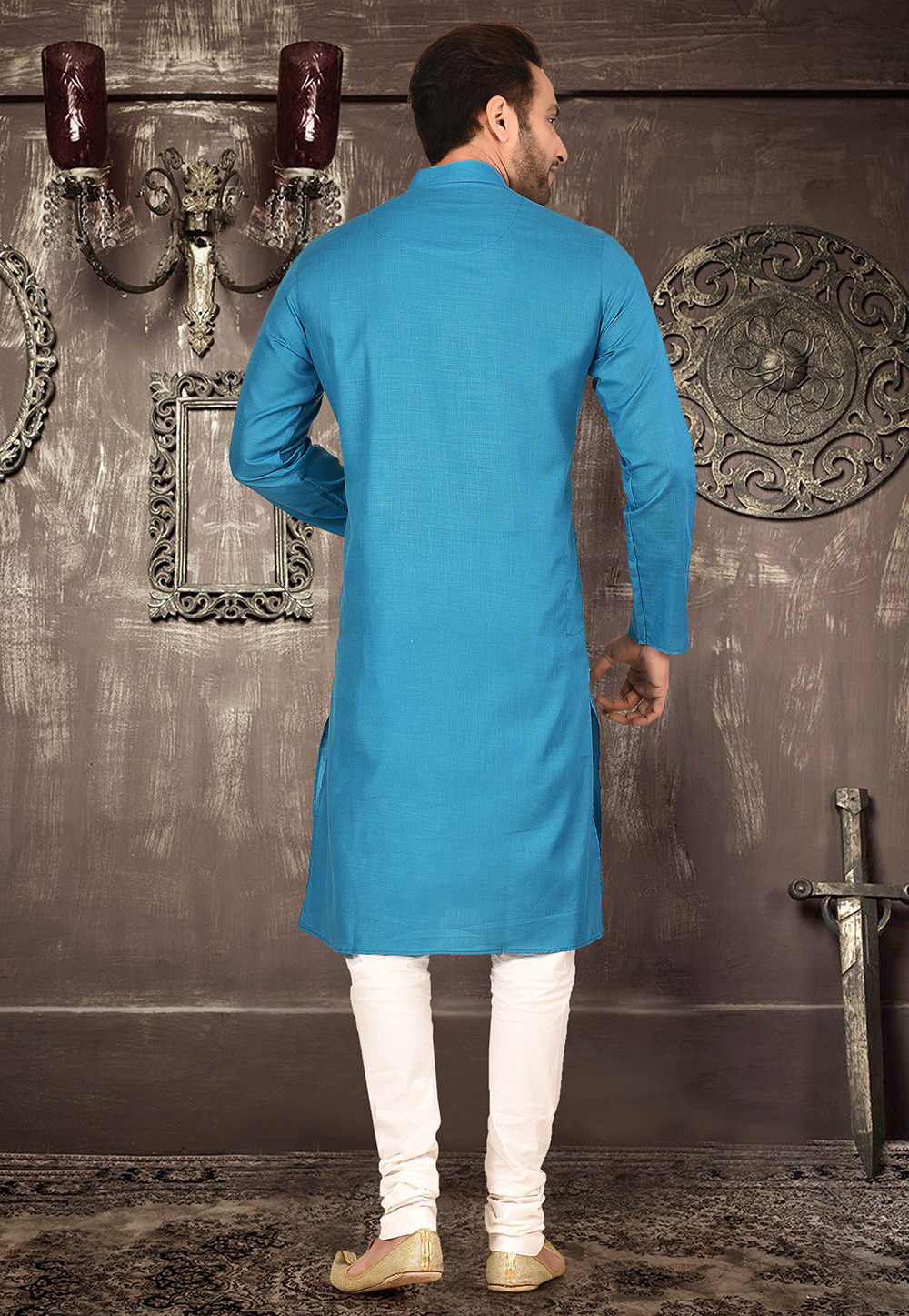 Festive Cotton Kurta Set | Solid Kurta with Cream Churidar Pajama