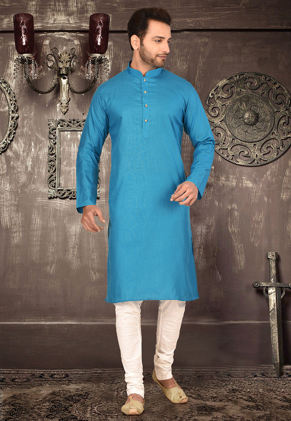 Festive Cotton Kurta Set | Solid Kurta with Cream Churidar Pajama