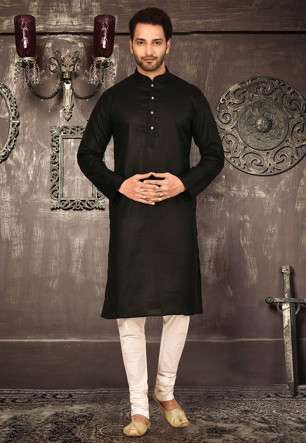 Festive Cotton Kurta Set | Solid Kurta with Cream Churidar Pajama