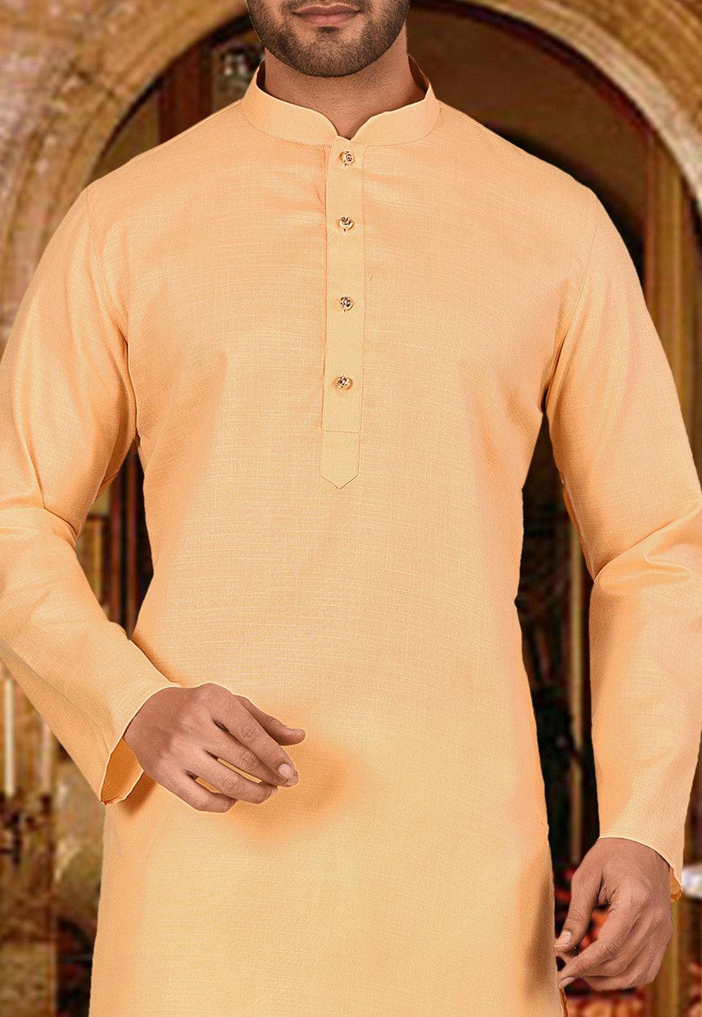 Festive Cotton Kurta Set | Solid Kurta with Cream Churidar Pajama