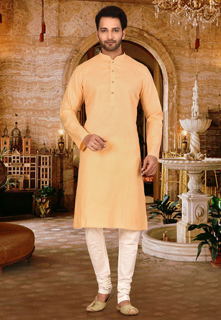 Festive Cotton Kurta Set | Solid Kurta with Cream Churidar Pajama