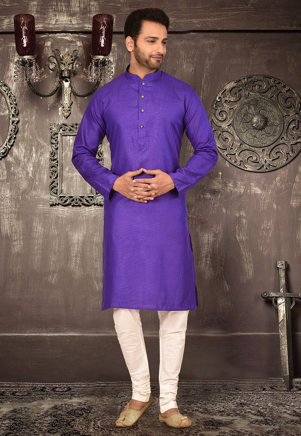 Festive Cotton Kurta Set | Solid Kurta with Cream Churidar Pajama